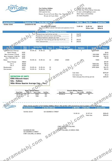USA Colorado Fort Collins Utilities business utility bill template in Word and PDF formats